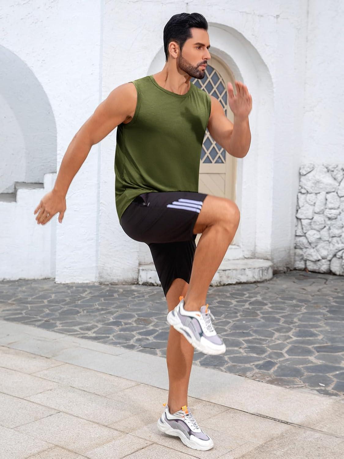 imageRuncati Mens Sleeveless Tank Tops Workout Cut Off Shirt Muscle Athletic Gym Summer Beach T ShirtsArmy Green