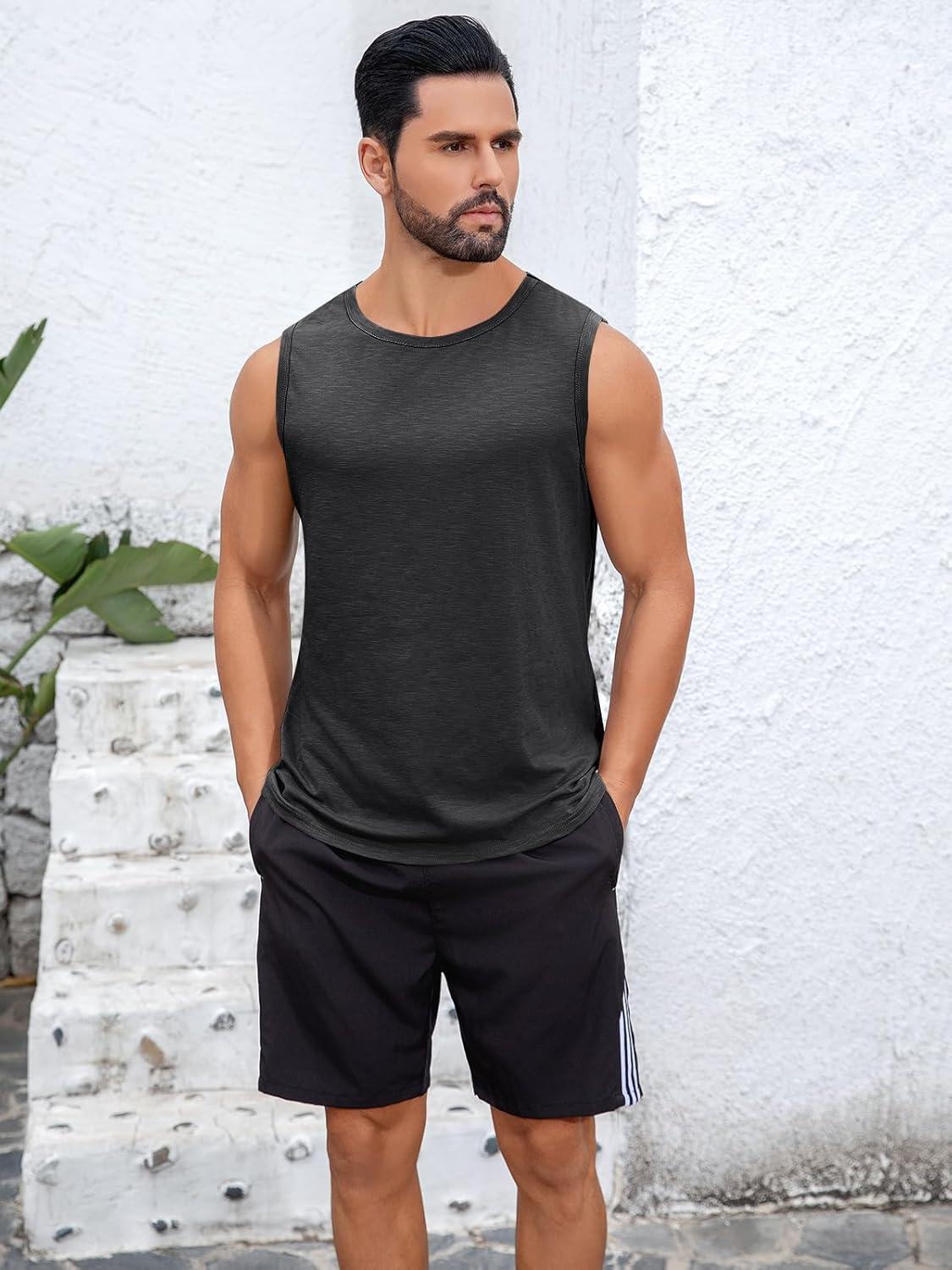 imageRuncati Mens Sleeveless Tank Tops Workout Cut Off Shirt Muscle Athletic Gym Summer Beach T ShirtsBlack