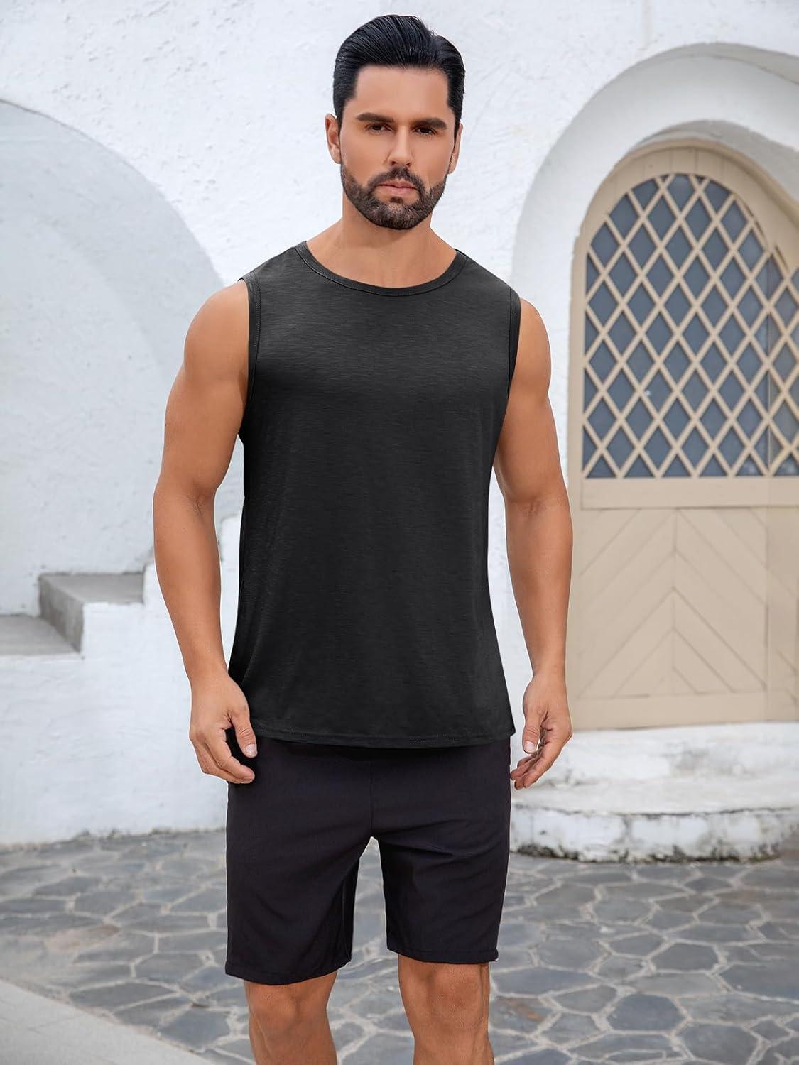 imageRuncati Mens Sleeveless Tank Tops Workout Cut Off Shirt Muscle Athletic Gym Summer Beach T ShirtsBlack