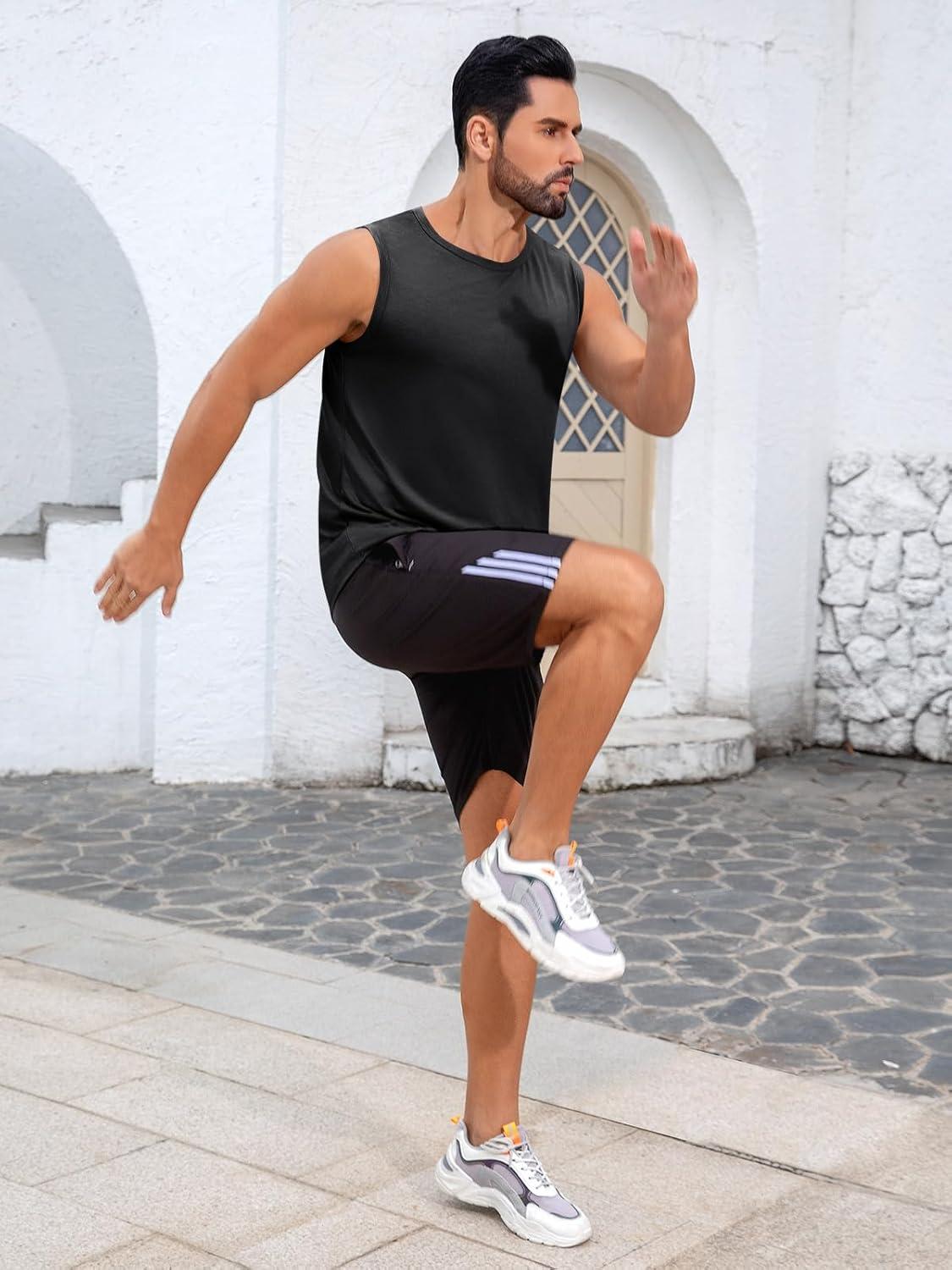 imageRuncati Mens Sleeveless Tank Tops Workout Cut Off Shirt Muscle Athletic Gym Summer Beach T ShirtsBlack