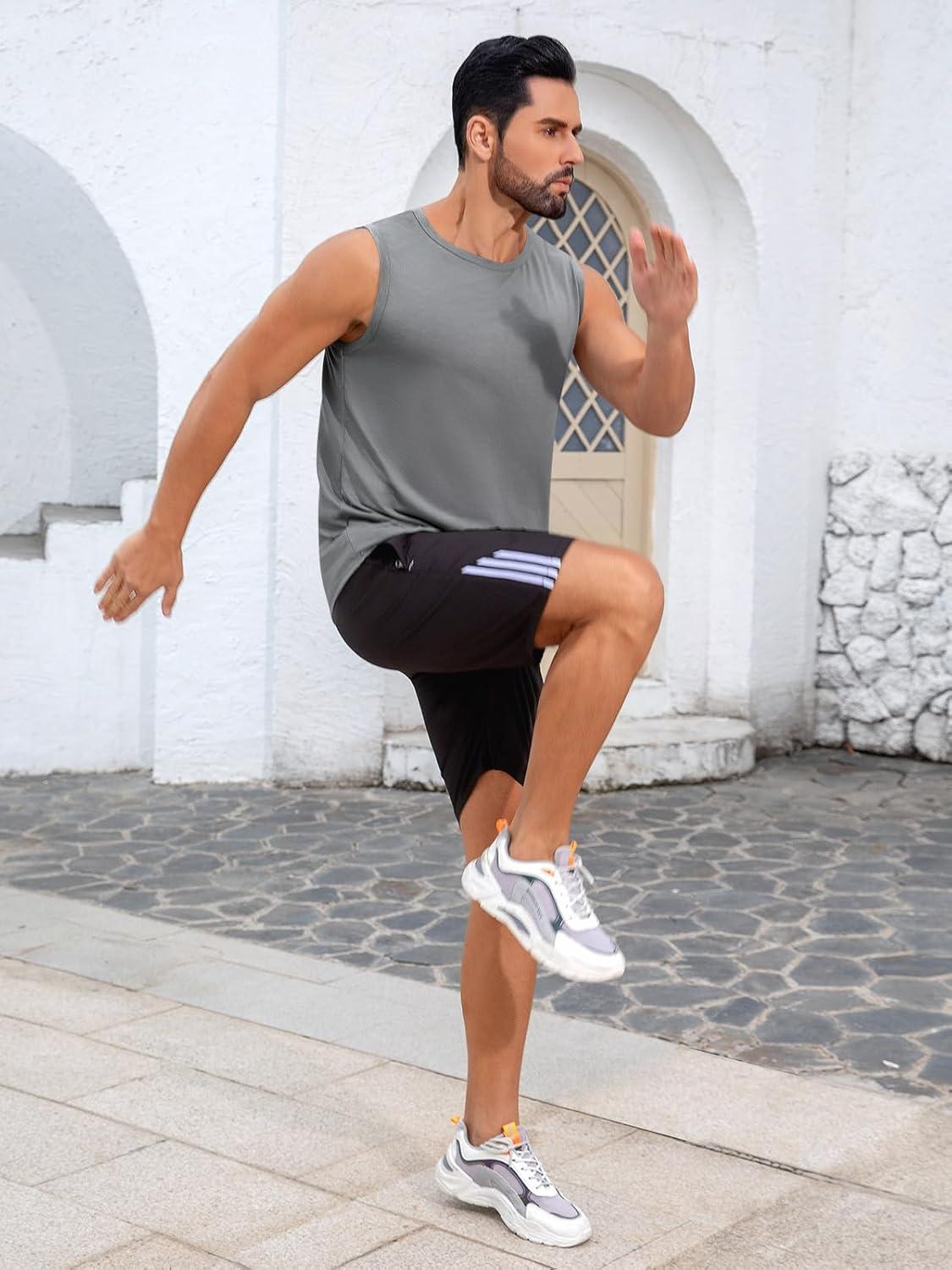 imageRuncati Mens Sleeveless Tank Tops Workout Cut Off Shirt Muscle Athletic Gym Summer Beach T ShirtsGray