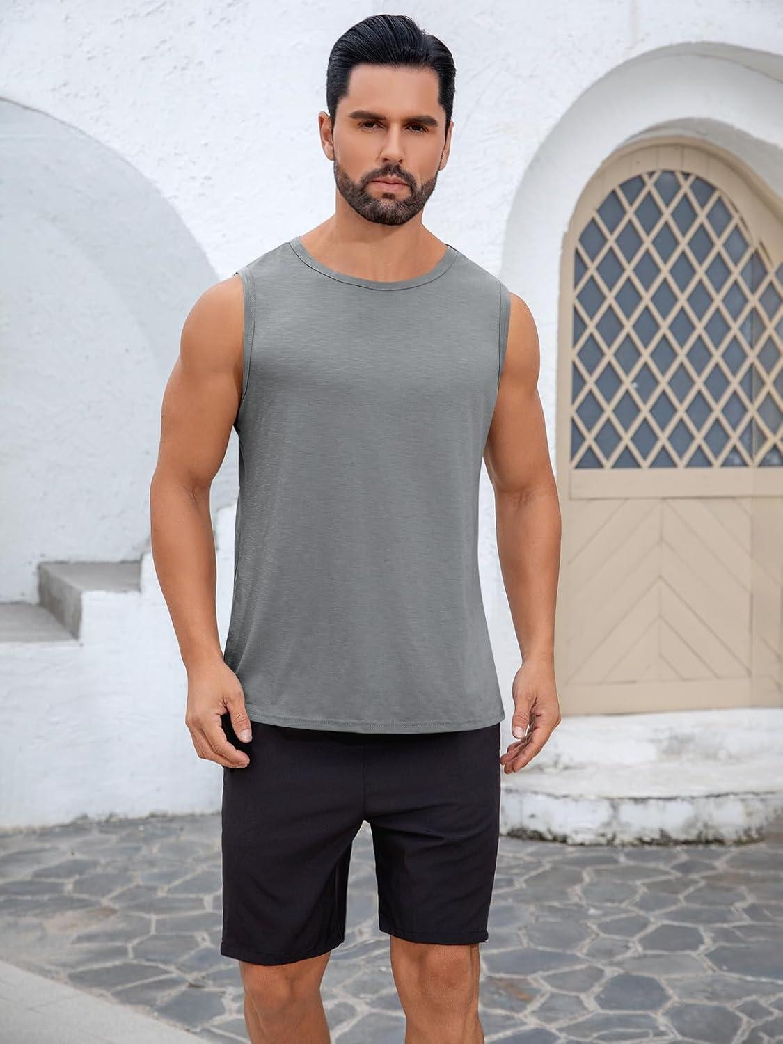 imageRuncati Mens Sleeveless Tank Tops Workout Cut Off Shirt Muscle Athletic Gym Summer Beach T ShirtsGray