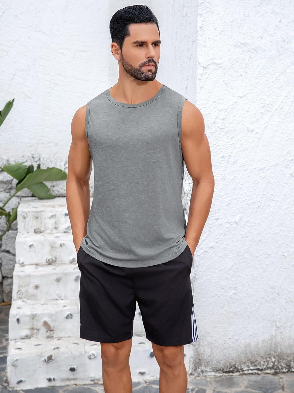 imageRuncati Mens Sleeveless Tank Tops Workout Cut Off Shirt Muscle Athletic Gym Summer Beach T ShirtsGray