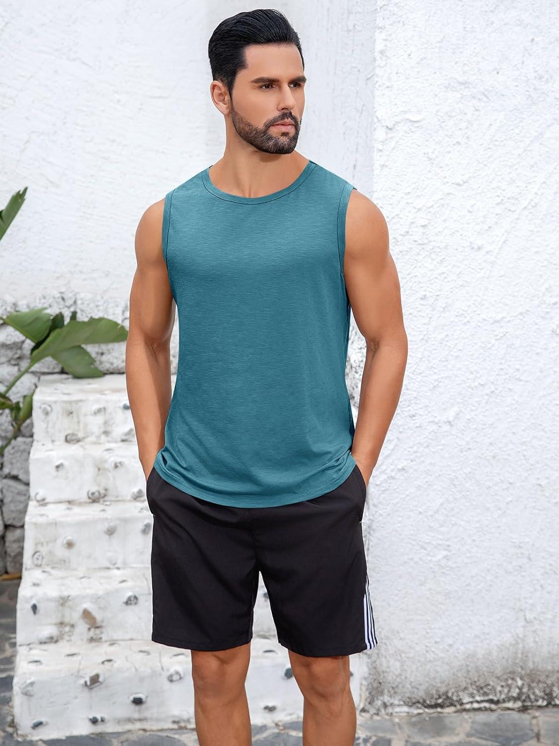 imageRuncati Mens Sleeveless Tank Tops Workout Cut Off Shirt Muscle Athletic Gym Summer Beach T ShirtsLake Blue