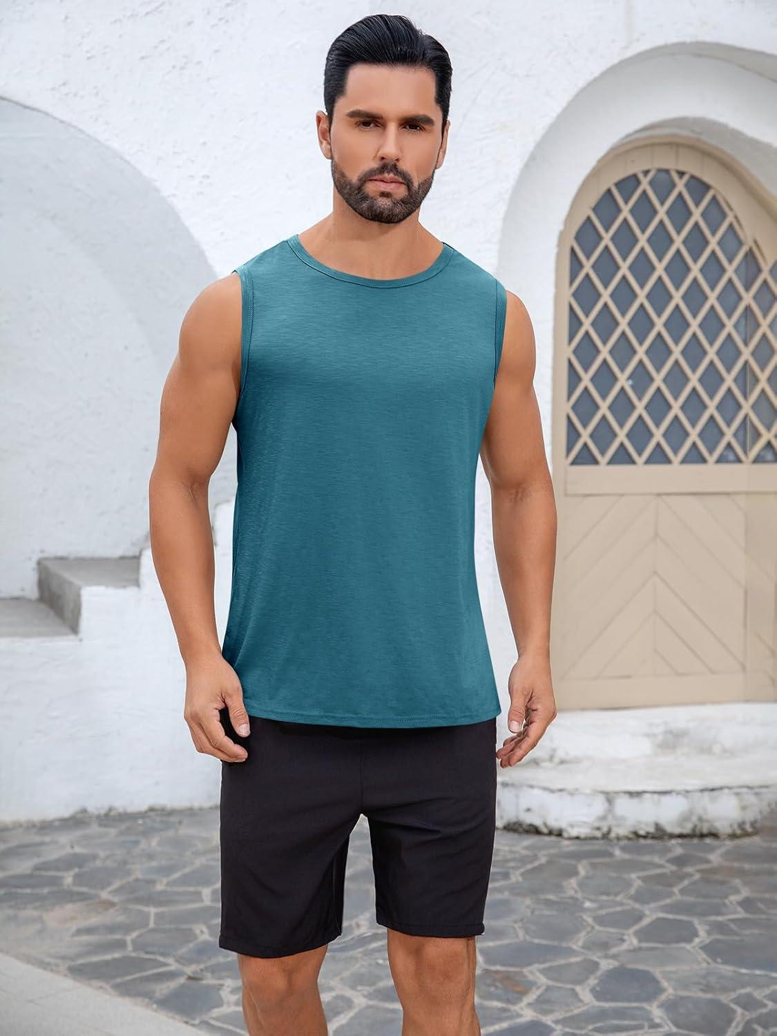 imageRuncati Mens Sleeveless Tank Tops Workout Cut Off Shirt Muscle Athletic Gym Summer Beach T ShirtsLake Blue