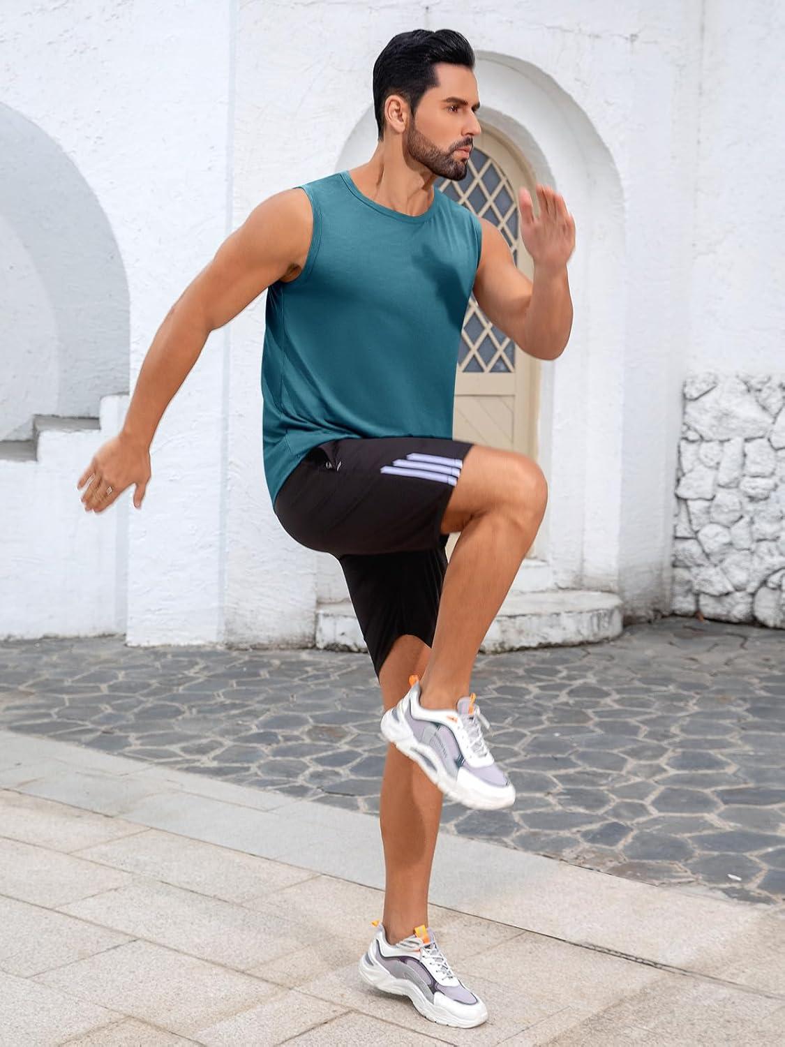 imageRuncati Mens Sleeveless Tank Tops Workout Cut Off Shirt Muscle Athletic Gym Summer Beach T ShirtsLake Blue