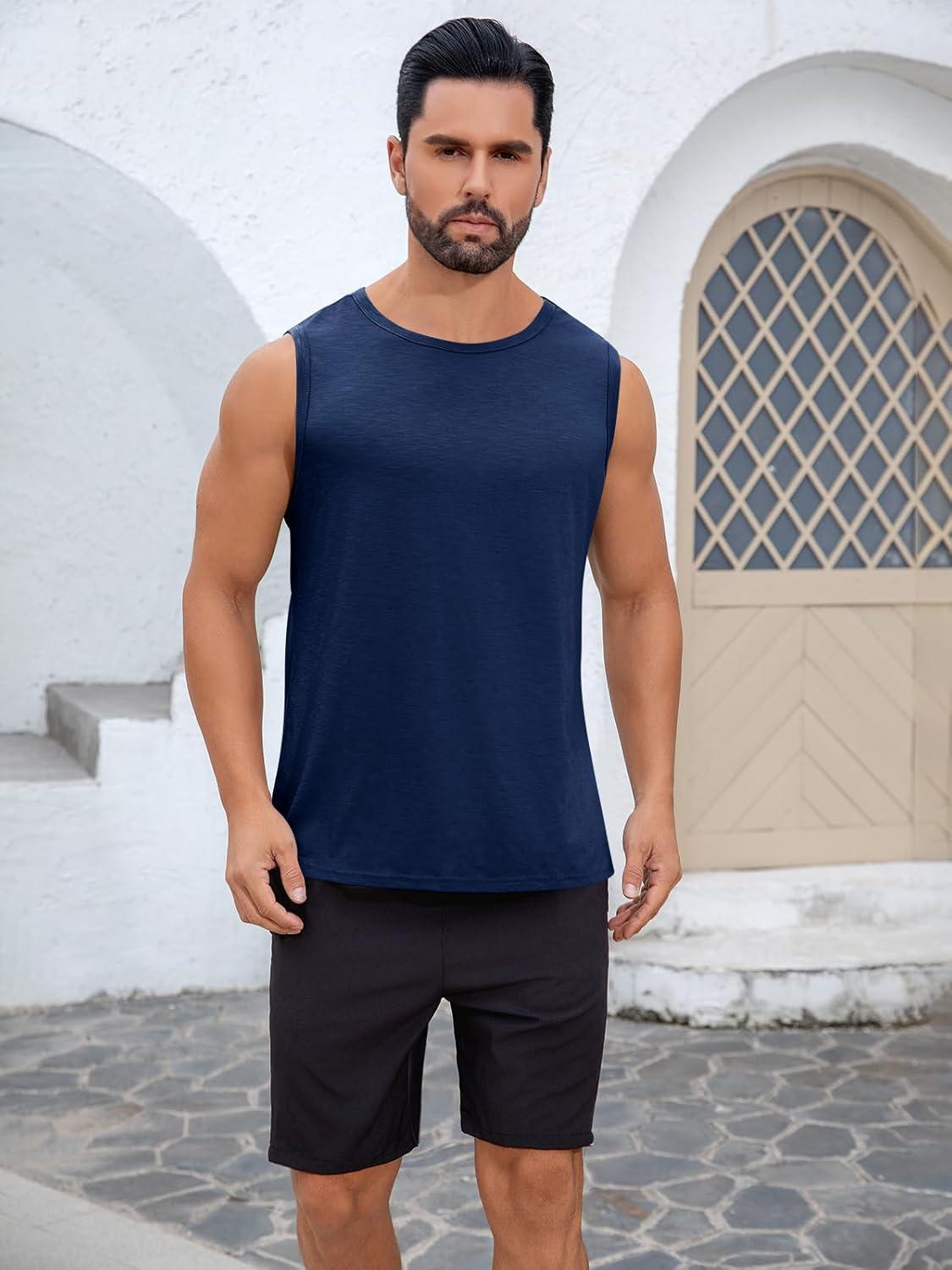 imageRuncati Mens Sleeveless Tank Tops Workout Cut Off Shirt Muscle Athletic Gym Summer Beach T ShirtsNavy