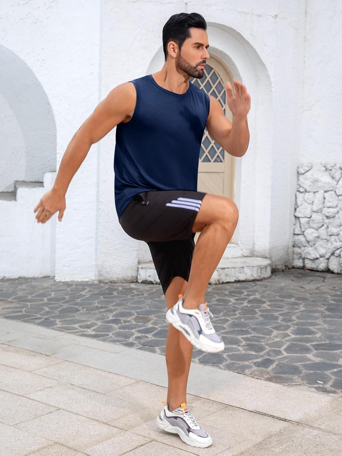 imageRuncati Mens Sleeveless Tank Tops Workout Cut Off Shirt Muscle Athletic Gym Summer Beach T ShirtsNavy