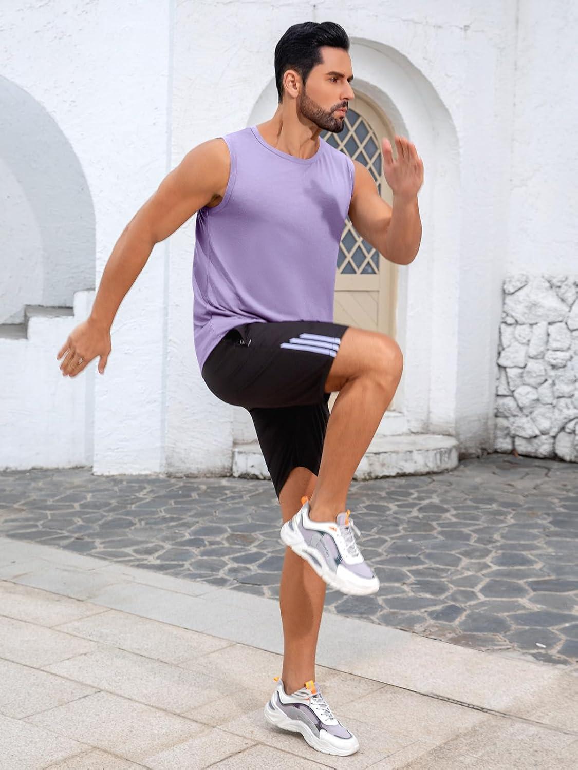 imageRuncati Mens Sleeveless Tank Tops Workout Cut Off Shirt Muscle Athletic Gym Summer Beach T ShirtsPurple