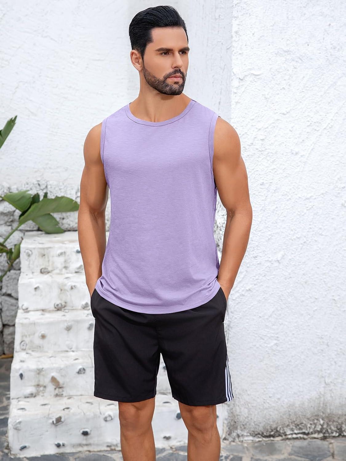 imageRuncati Mens Sleeveless Tank Tops Workout Cut Off Shirt Muscle Athletic Gym Summer Beach T ShirtsPurple