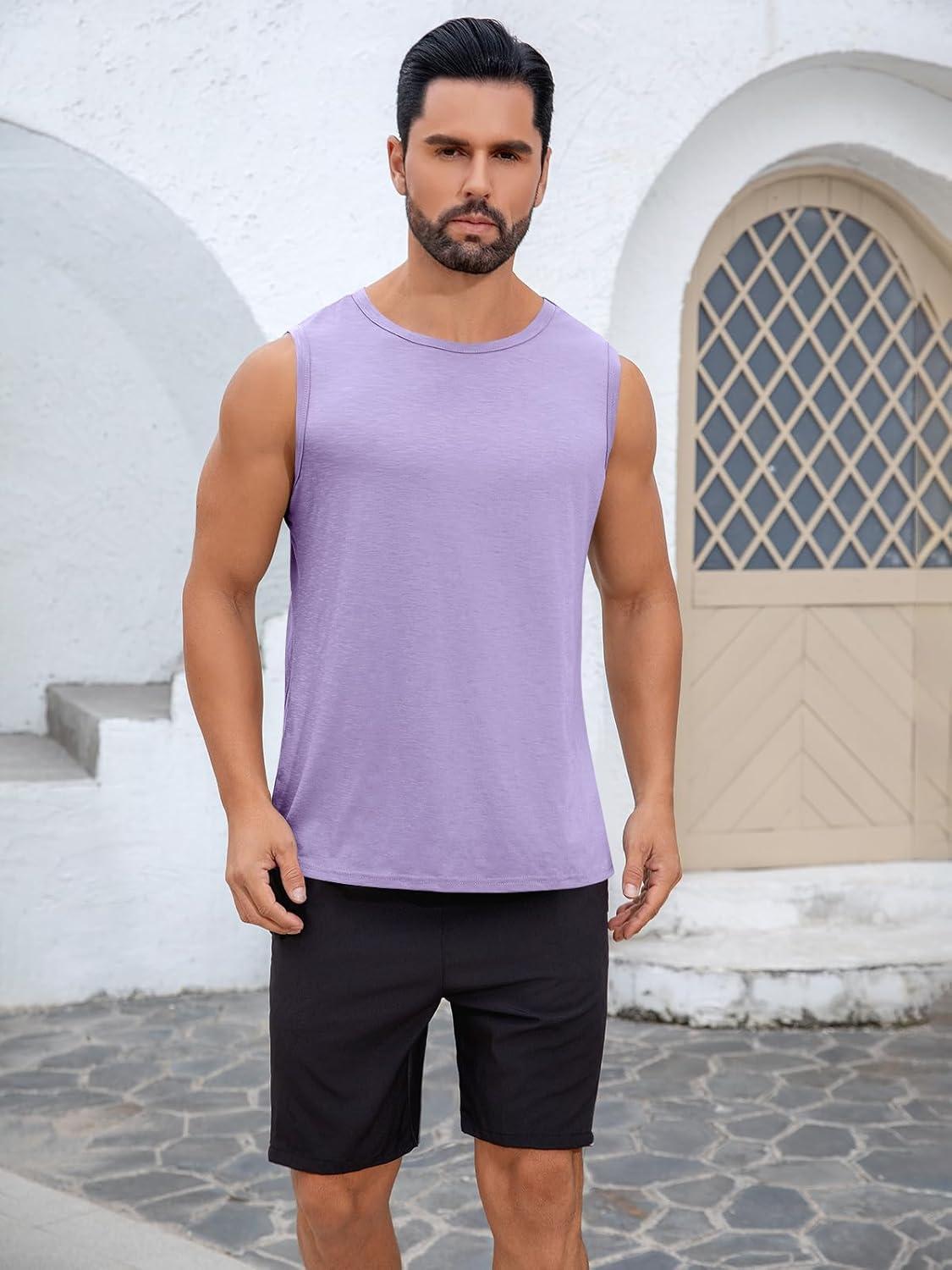 imageRuncati Mens Sleeveless Tank Tops Workout Cut Off Shirt Muscle Athletic Gym Summer Beach T ShirtsPurple