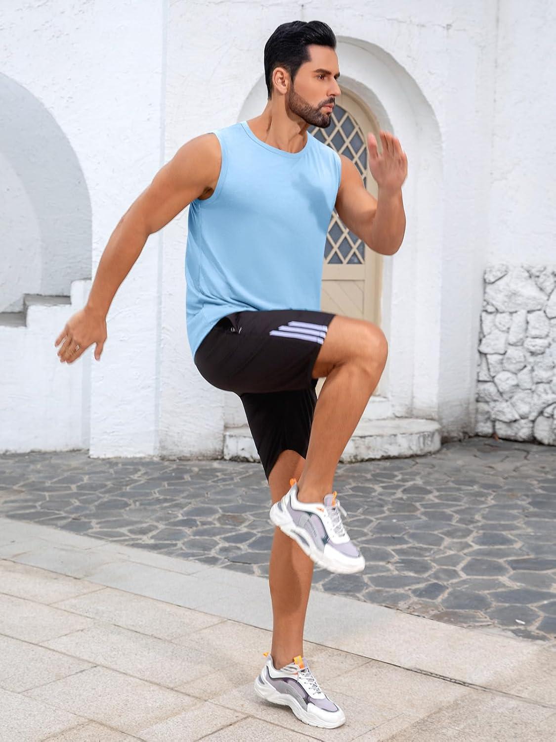 imageRuncati Mens Sleeveless Tank Tops Workout Cut Off Shirt Muscle Athletic Gym Summer Beach T ShirtsSky Blue