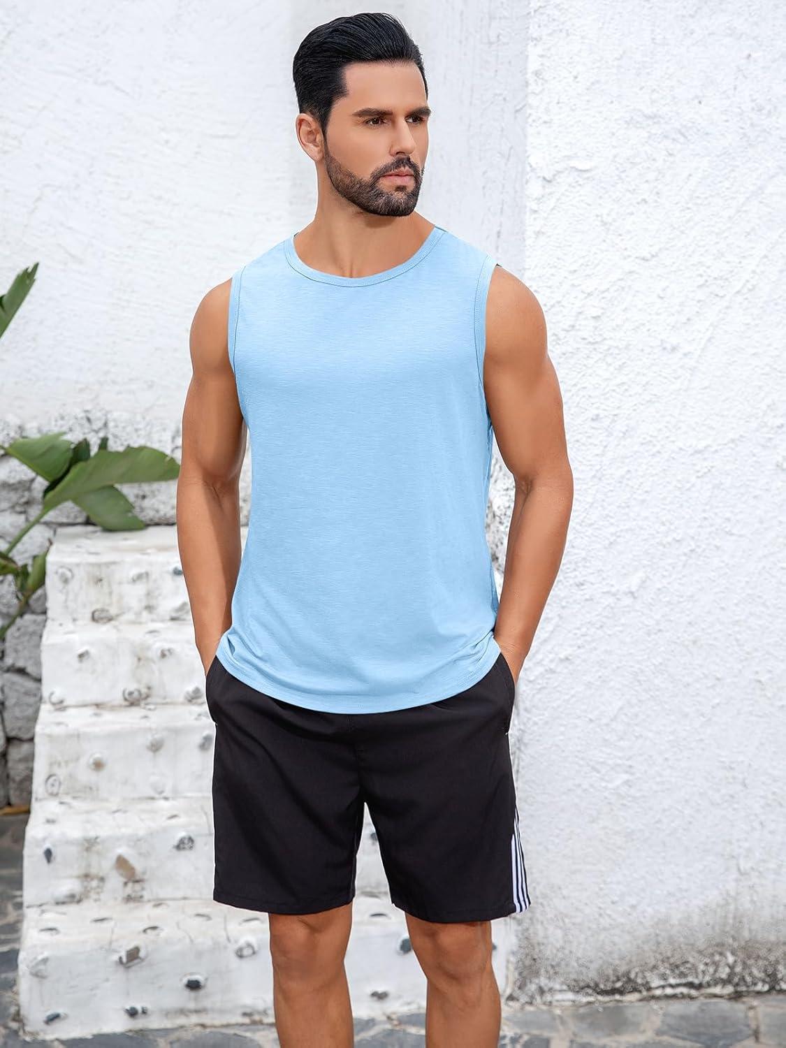 imageRuncati Mens Sleeveless Tank Tops Workout Cut Off Shirt Muscle Athletic Gym Summer Beach T ShirtsSky Blue