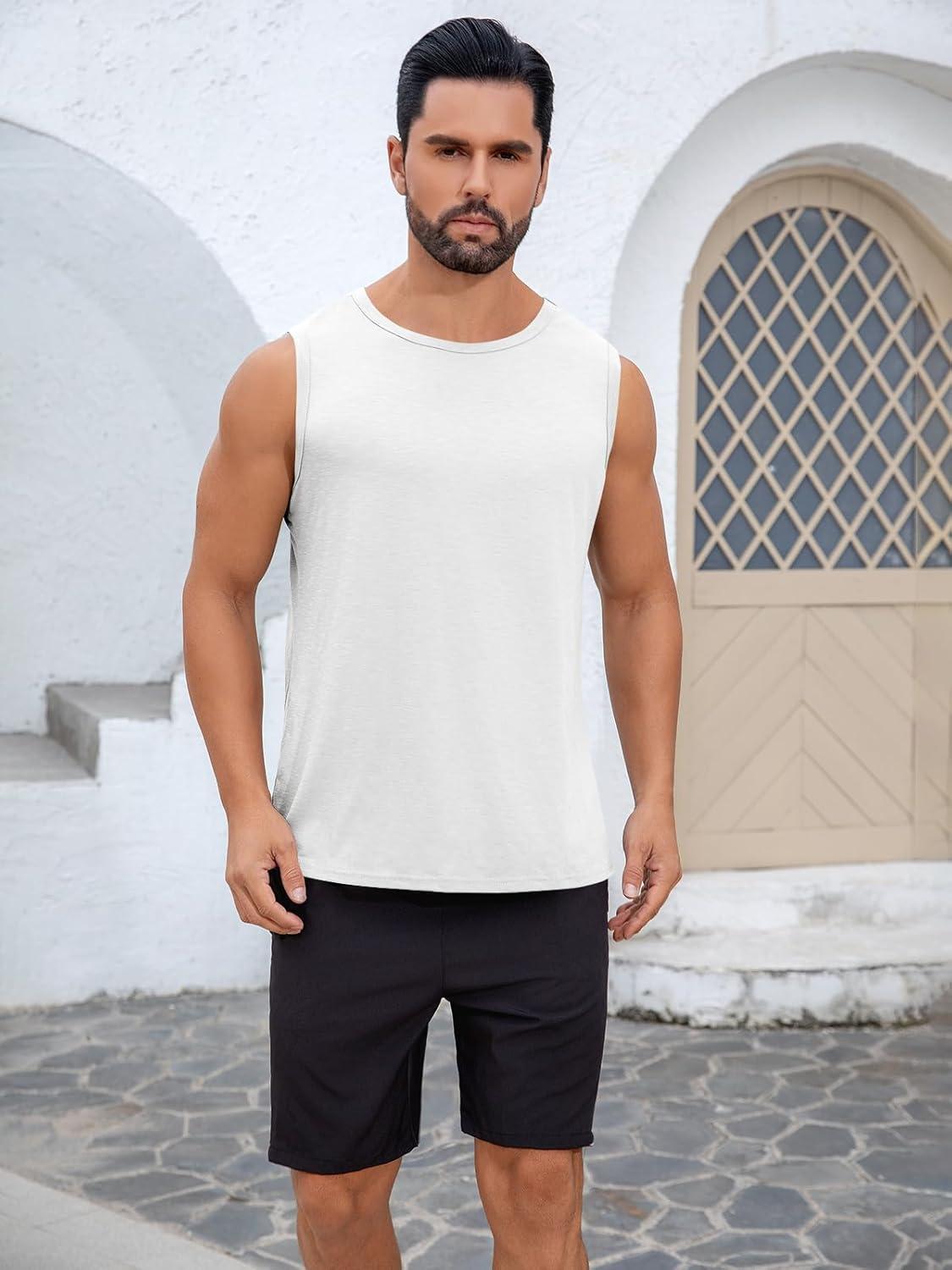 imageRuncati Mens Sleeveless Tank Tops Workout Cut Off Shirt Muscle Athletic Gym Summer Beach T ShirtsWhite