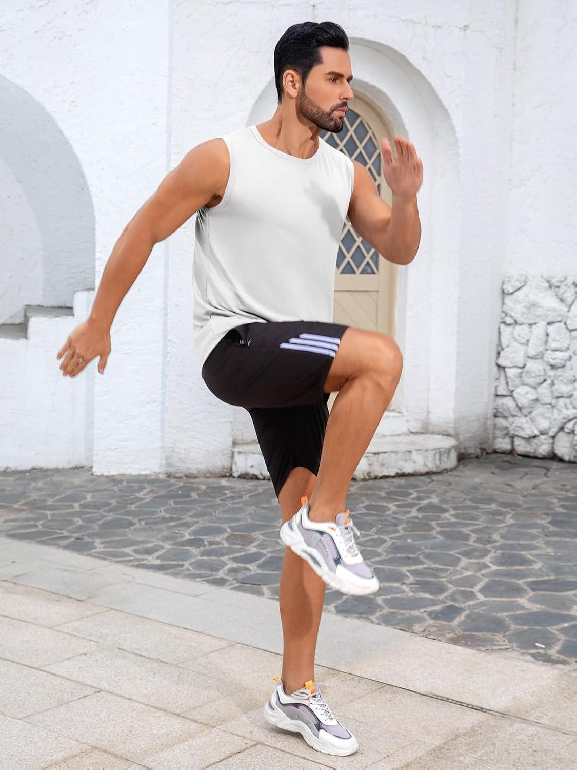 imageRuncati Mens Sleeveless Tank Tops Workout Cut Off Shirt Muscle Athletic Gym Summer Beach T ShirtsWhite