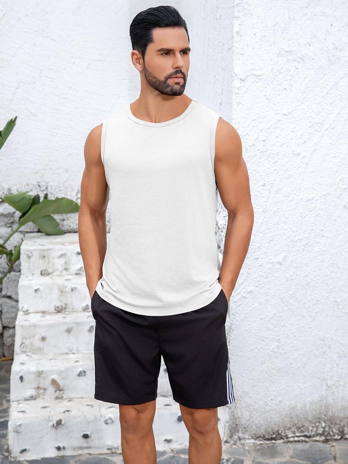 imageRuncati Mens Sleeveless Tank Tops Workout Cut Off Shirt Muscle Athletic Gym Summer Beach T ShirtsWhite