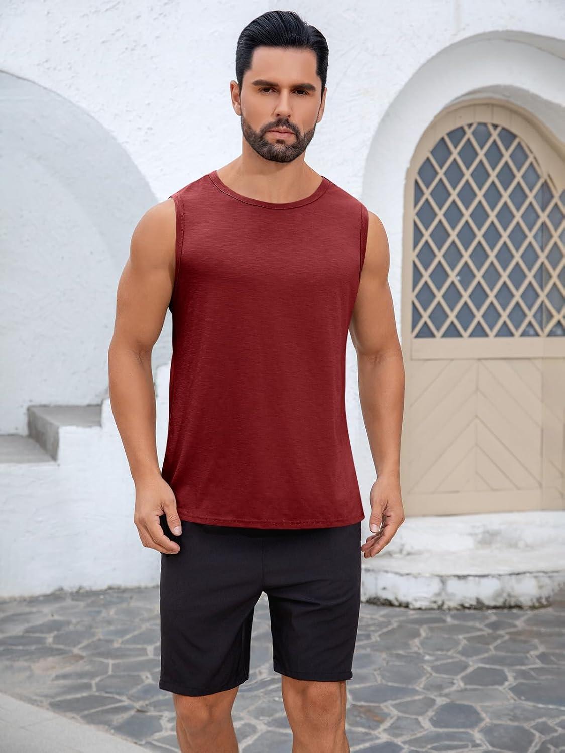 imageRuncati Mens Sleeveless Tank Tops Workout Cut Off Shirt Muscle Athletic Gym Summer Beach T ShirtsWine Red