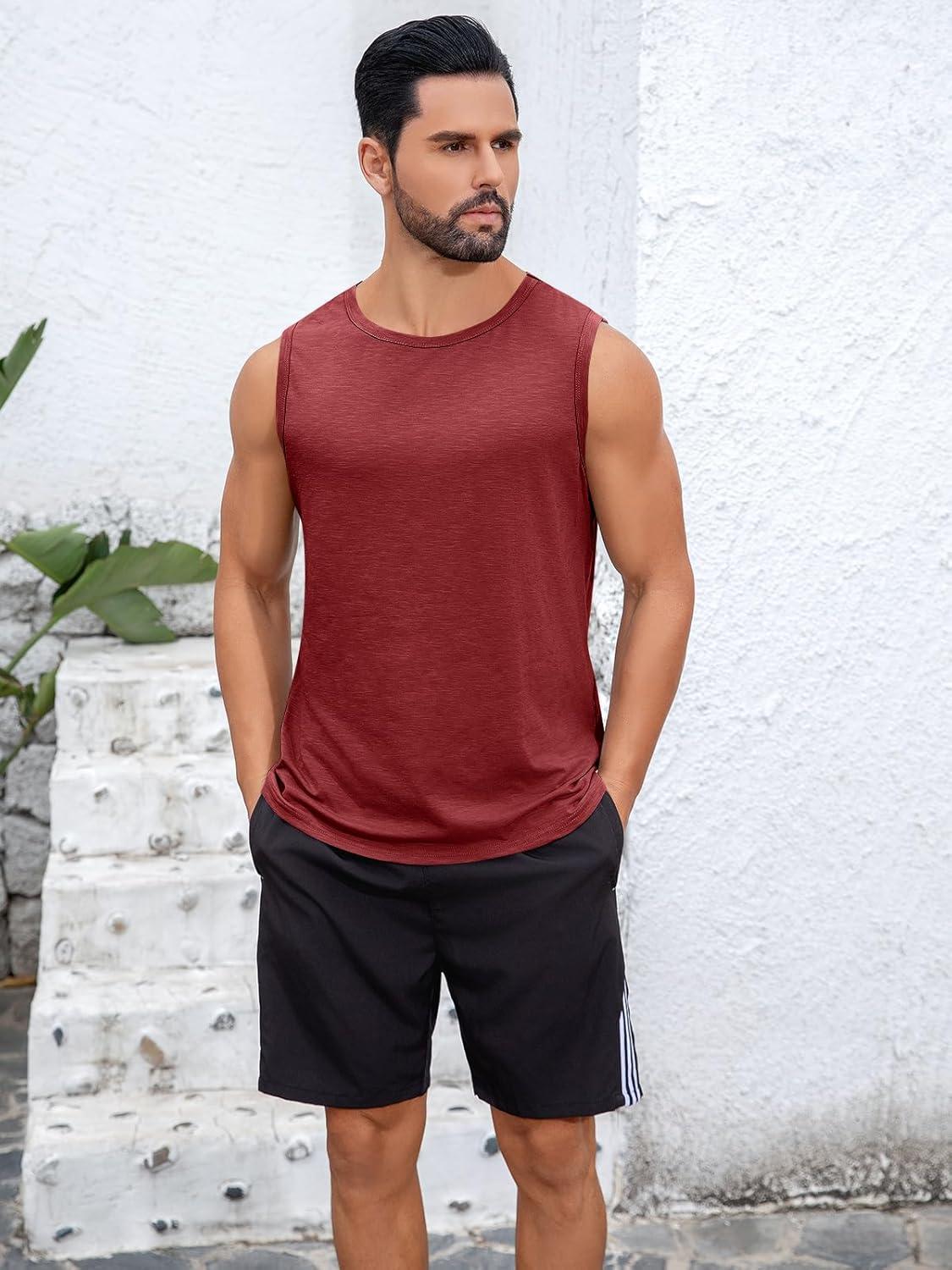 imageRuncati Mens Sleeveless Tank Tops Workout Cut Off Shirt Muscle Athletic Gym Summer Beach T ShirtsWine Red