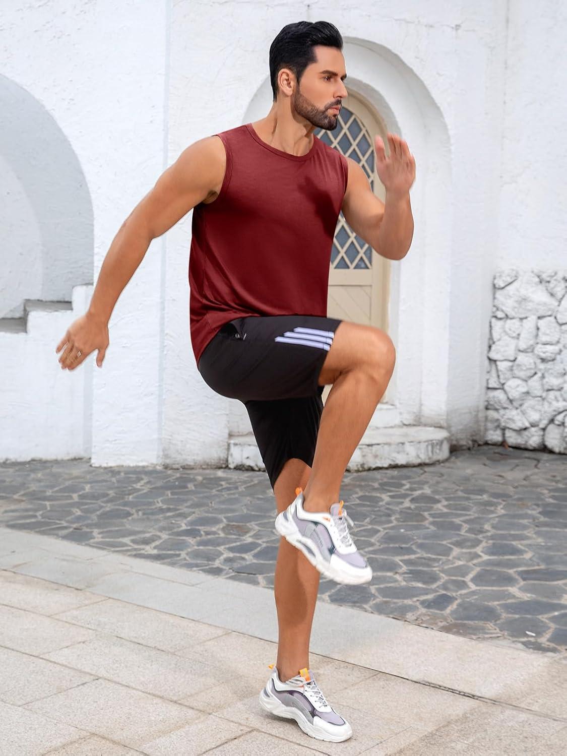 imageRuncati Mens Sleeveless Tank Tops Workout Cut Off Shirt Muscle Athletic Gym Summer Beach T ShirtsWine Red