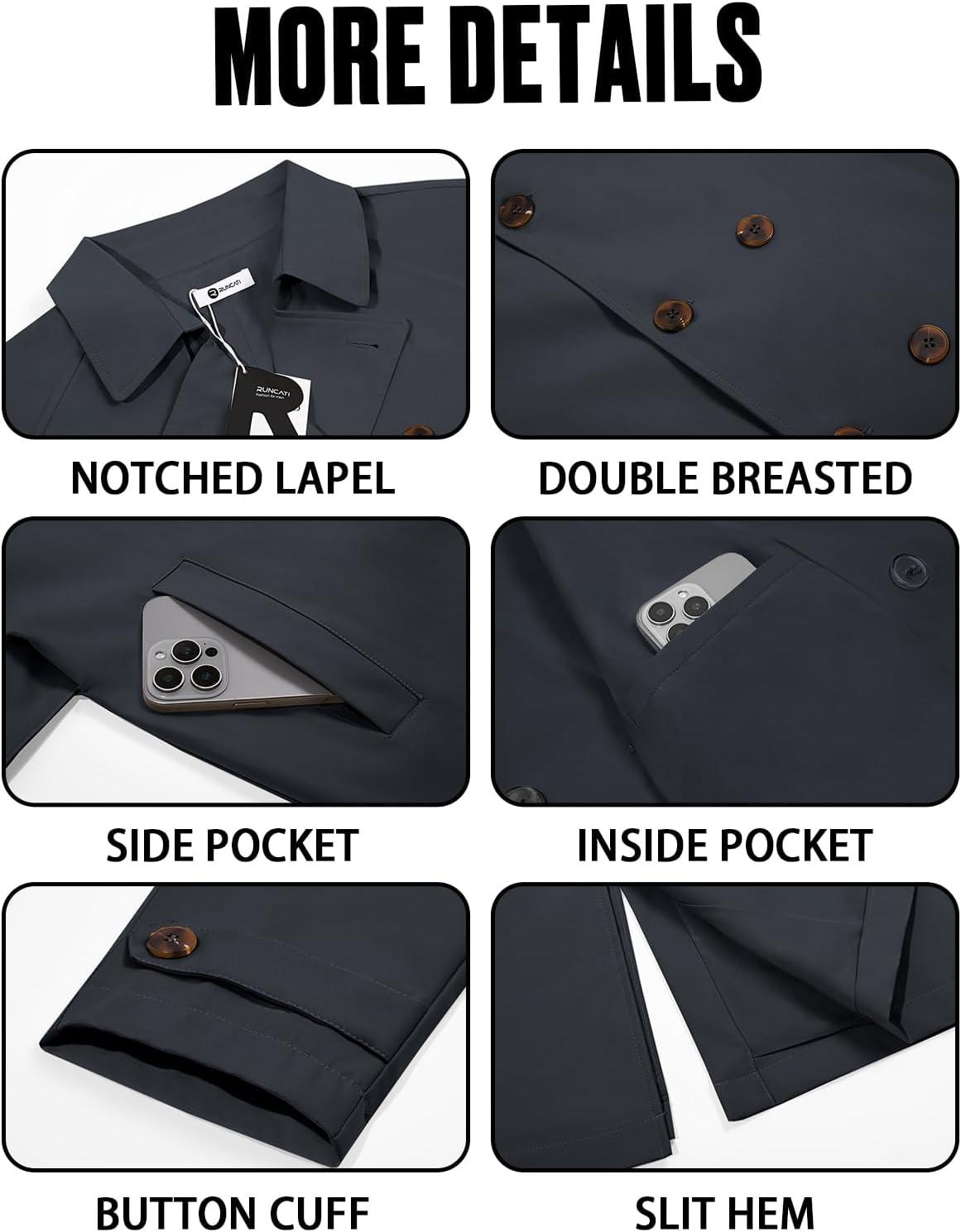 imageRuncati Mens Trench Coat Double Breasted Notched Lapel Casual Belted Windbreaker Fall Classic Long Jacket OvercoatDark Grey