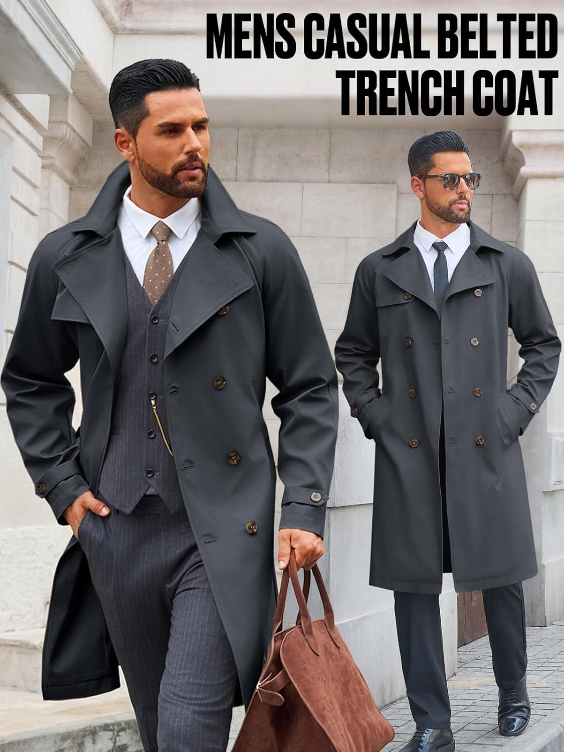 imageRuncati Mens Trench Coat Double Breasted Notched Lapel Casual Belted Windbreaker Fall Classic Long Jacket OvercoatDark Grey