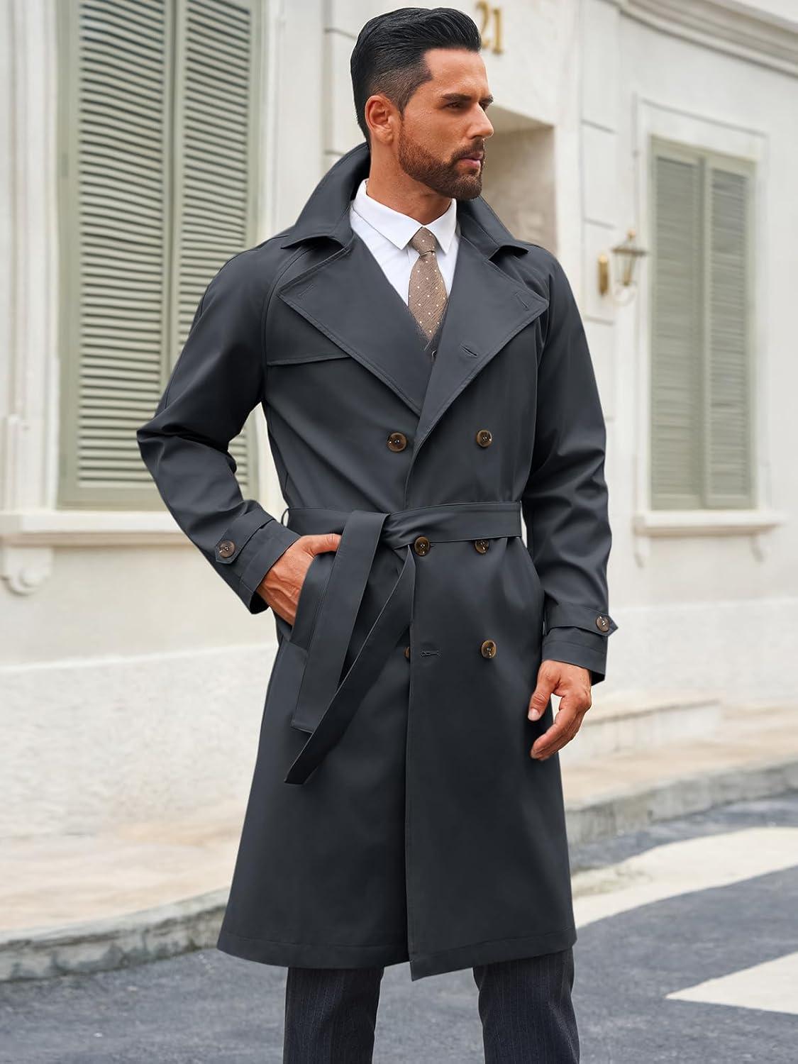 imageRuncati Mens Trench Coat Double Breasted Notched Lapel Casual Belted Windbreaker Fall Classic Long Jacket OvercoatDark Grey