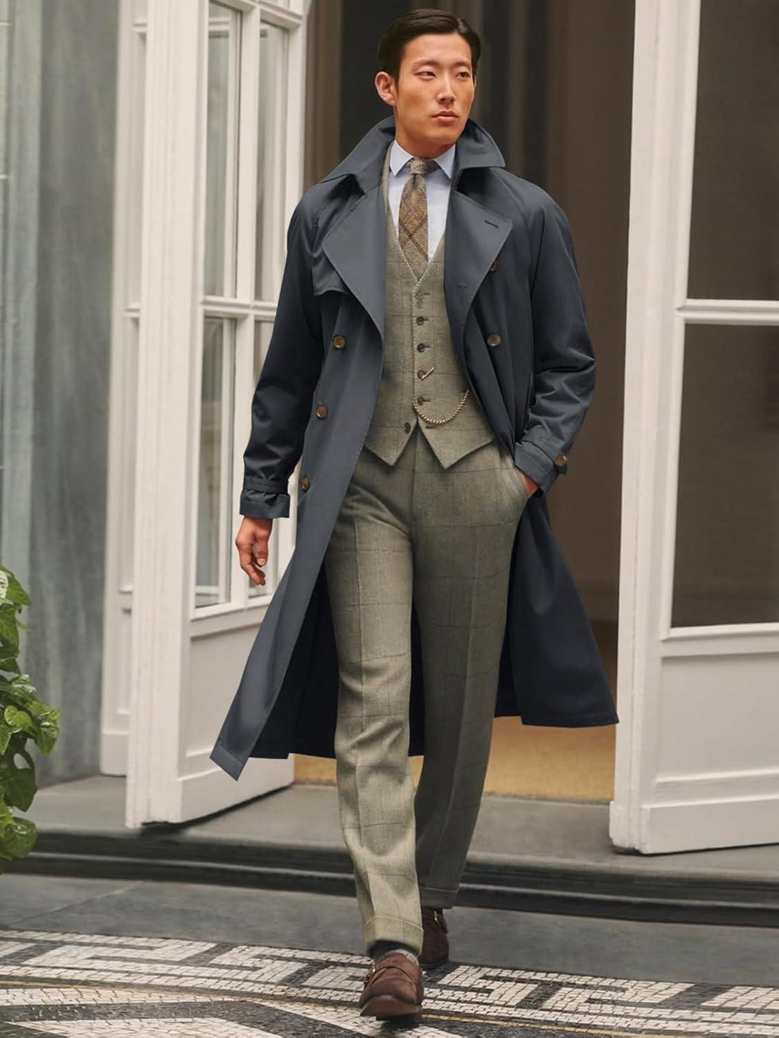 imageRuncati Mens Trench Coat Double Breasted Notched Lapel Casual Belted Windbreaker Fall Classic Long Jacket OvercoatDark Grey