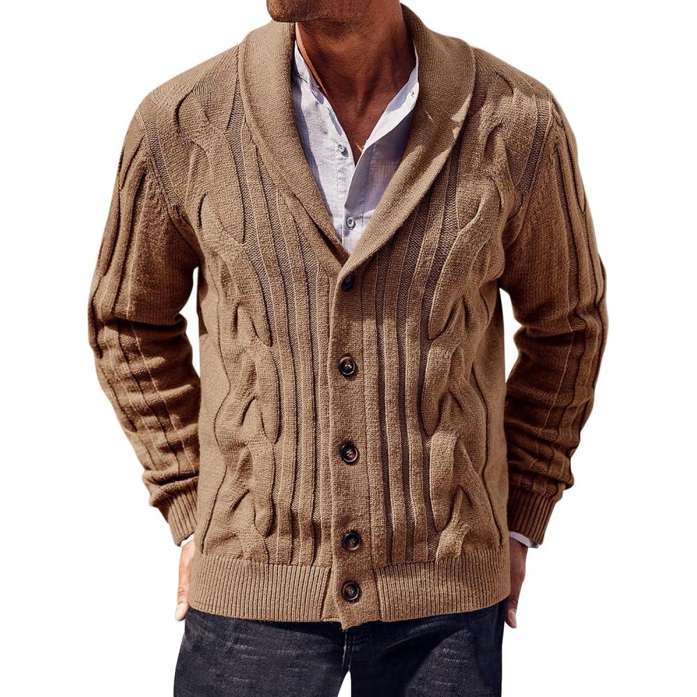 imageRuncati Mens Cable Knit Cardigan Sweater Shawl Collar Casual Button Down Long Sleeve SweatersBrown