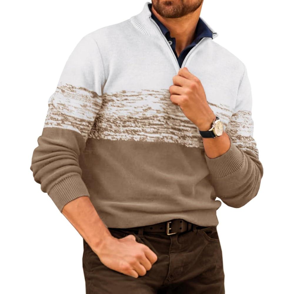 imageRuncati Mens Quarter Zip Sweaters Mock Neck Pullover Sweater Knitted Casual Color Block Fall Winter SweatersKhaki