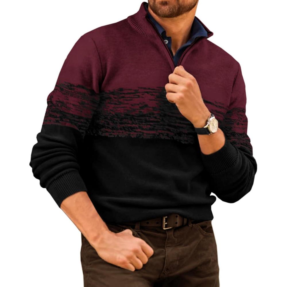 imageRuncati Mens Quarter Zip Sweaters Mock Neck Pullover Sweater Knitted Casual Color Block Fall Winter SweatersWine Red