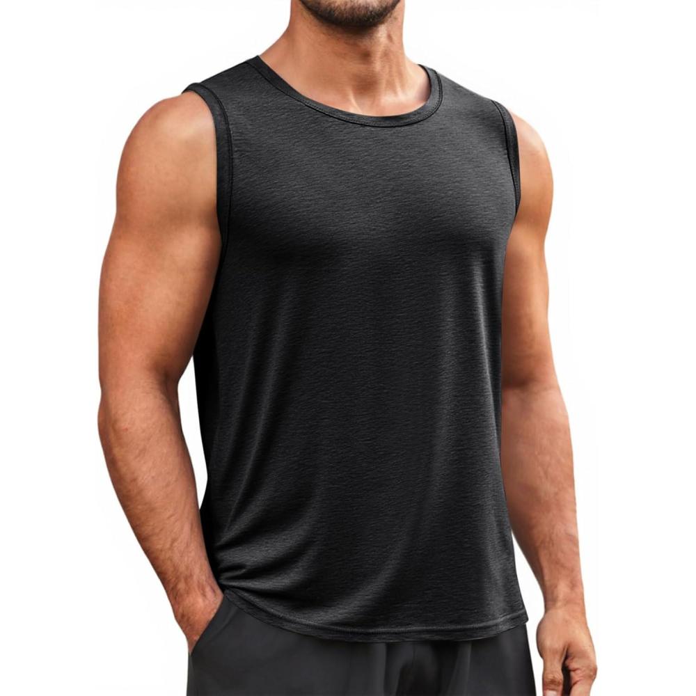 imageRuncati Mens Sleeveless Tank Tops Workout Cut Off Shirt Muscle Athletic Gym Summer Beach T ShirtsBlack