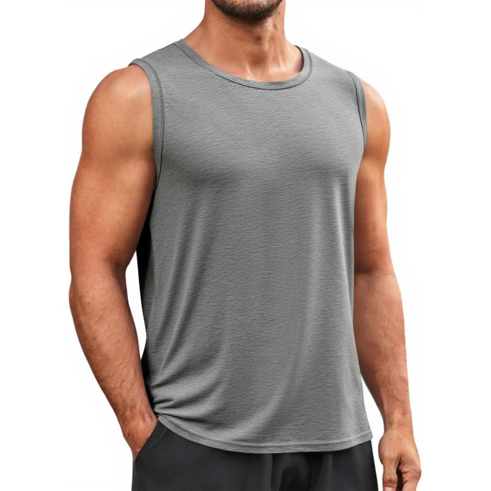 imageRuncati Mens Sleeveless Tank Tops Workout Cut Off Shirt Muscle Athletic Gym Summer Beach T ShirtsGray