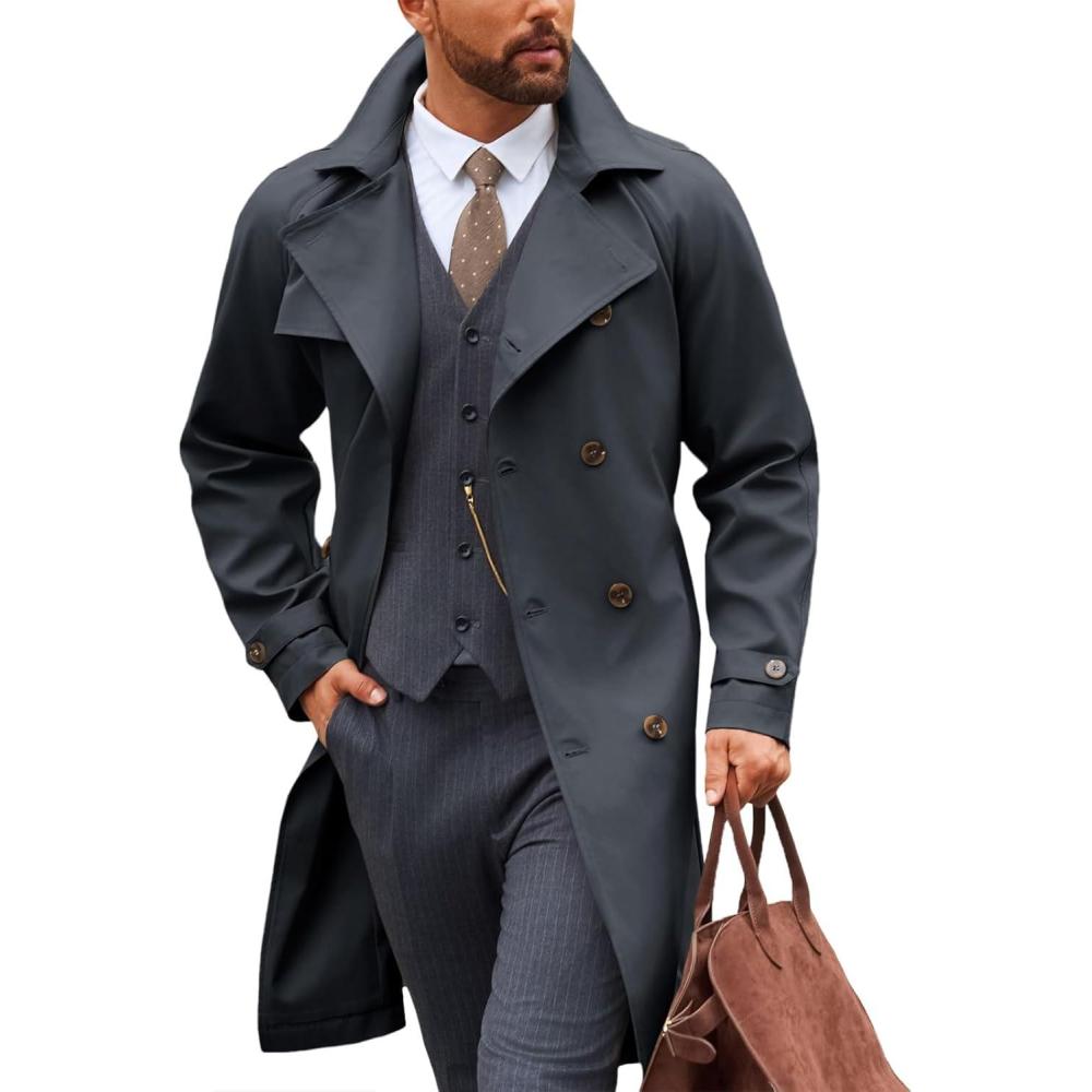 imageRuncati Mens Trench Coat Double Breasted Notched Lapel Casual Belted Windbreaker Fall Classic Long Jacket OvercoatDark Grey