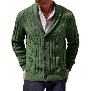 imageRuncati Mens Cable Knit Cardigan Sweater Shawl Collar Casual Button Down Long Sleeve SweatersArmy Green