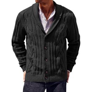 imageRuncati Mens Cable Knit Cardigan Sweater Shawl Collar Casual Button Down Long Sleeve SweatersBlack