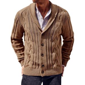 imageRuncati Mens Cable Knit Cardigan Sweater Shawl Collar Casual Button Down Long Sleeve SweatersBrown