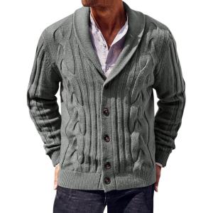 imageRuncati Mens Cable Knit Cardigan Sweater Shawl Collar Casual Button Down Long Sleeve SweatersGrey