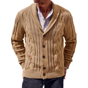 imageRuncati Mens Cable Knit Cardigan Sweater Shawl Collar Casual Button Down Long Sleeve SweatersKhaki