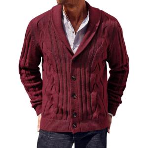 imageRuncati Mens Cable Knit Cardigan Sweater Shawl Collar Casual Button Down Long Sleeve SweatersRed