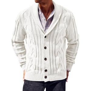 imageRuncati Mens Cable Knit Cardigan Sweater Shawl Collar Casual Button Down Long Sleeve SweatersWhite