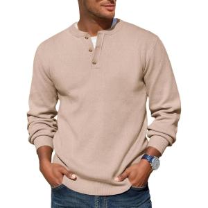 imageRuncati Mens Henley Knit Sweater Long Sleeve Quarter Button Pullover Sweaters Casual Fall TopsApricot