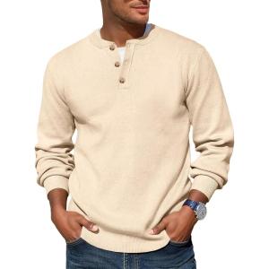 imageRuncati Mens Henley Knit Sweater Long Sleeve Quarter Button Pullover Sweaters Casual Fall TopsBeige
