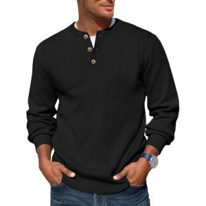 imageRuncati Mens Henley Knit Sweater Long Sleeve Quarter Button Pullover Sweaters Casual Fall TopsBlack