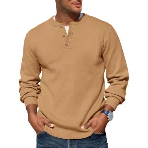 imageRuncati Mens Henley Knit Sweater Long Sleeve Quarter Button Pullover Sweaters Casual Fall TopsDark Khaki