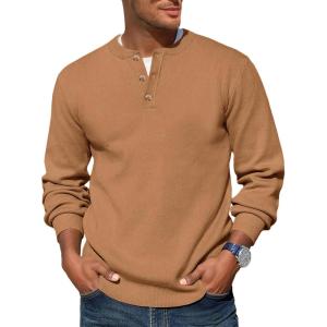 imageRuncati Mens Henley Knit Sweater Long Sleeve Quarter Button Pullover Sweaters Casual Fall TopsLight Brown