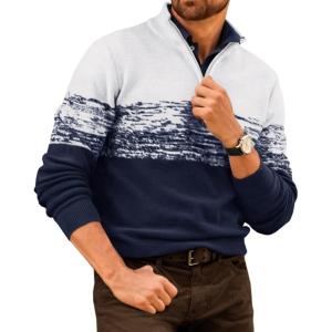 imageRuncati Mens Quarter Zip Sweaters Mock Neck Pullover Sweater Knitted Casual Color Block Fall Winter SweatersNavy