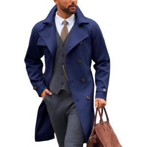 imageRuncati Mens Trench Coat Double Breasted Notched Lapel Casual Belted Windbreaker Fall Classic Long Jacket OvercoatNavy