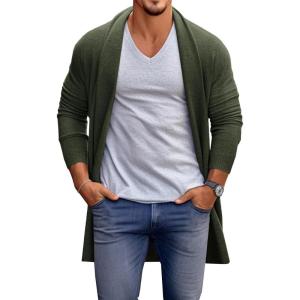 imageRuncati Mens Long Cardigan Sweater Casual Ruffle Shawl Collar Open Front Cardigan Knit Drape Cape Winter SweatersArmy Green