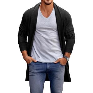 imageRuncati Mens Long Cardigan Sweater Casual Ruffle Shawl Collar Open Front Cardigan Knit Drape Cape Winter SweatersBlack