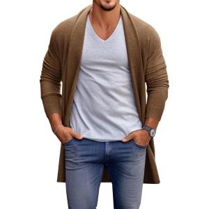 imageRuncati Mens Long Cardigan Sweater Casual Ruffle Shawl Collar Open Front Cardigan Knit Drape Cape Winter SweatersBrown